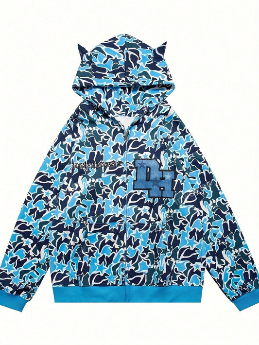 Summer Street Skull Blue Printed Long-Sleeved Zipper Hoodie With Hood