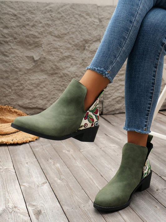 2024 New Women Shoes Pointed Toe Chunky Heel Contrast Color Splicing Ankle Boots And Short Boots