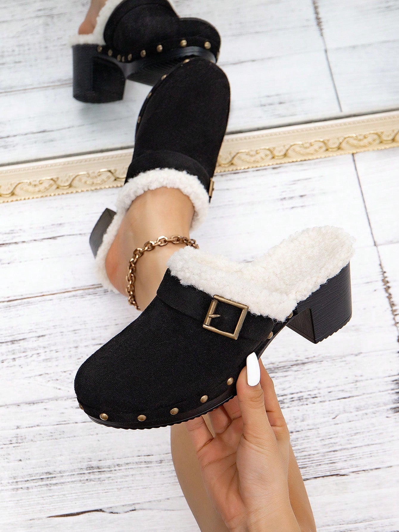 Women Buckle Decor Mules, Chunky Heeled Elegant Pumps