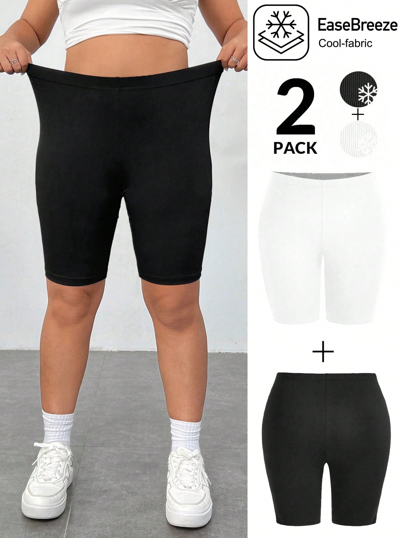 Women's Plus Size 2pcs Set: Black Knitted High-Waisted Compression Shorts And Cycling Shorts, Made With Ice Silk Cool Fabric, Perfect For Everyday Wear, Outdoor Sports, And Casual Activities Without Restriction.