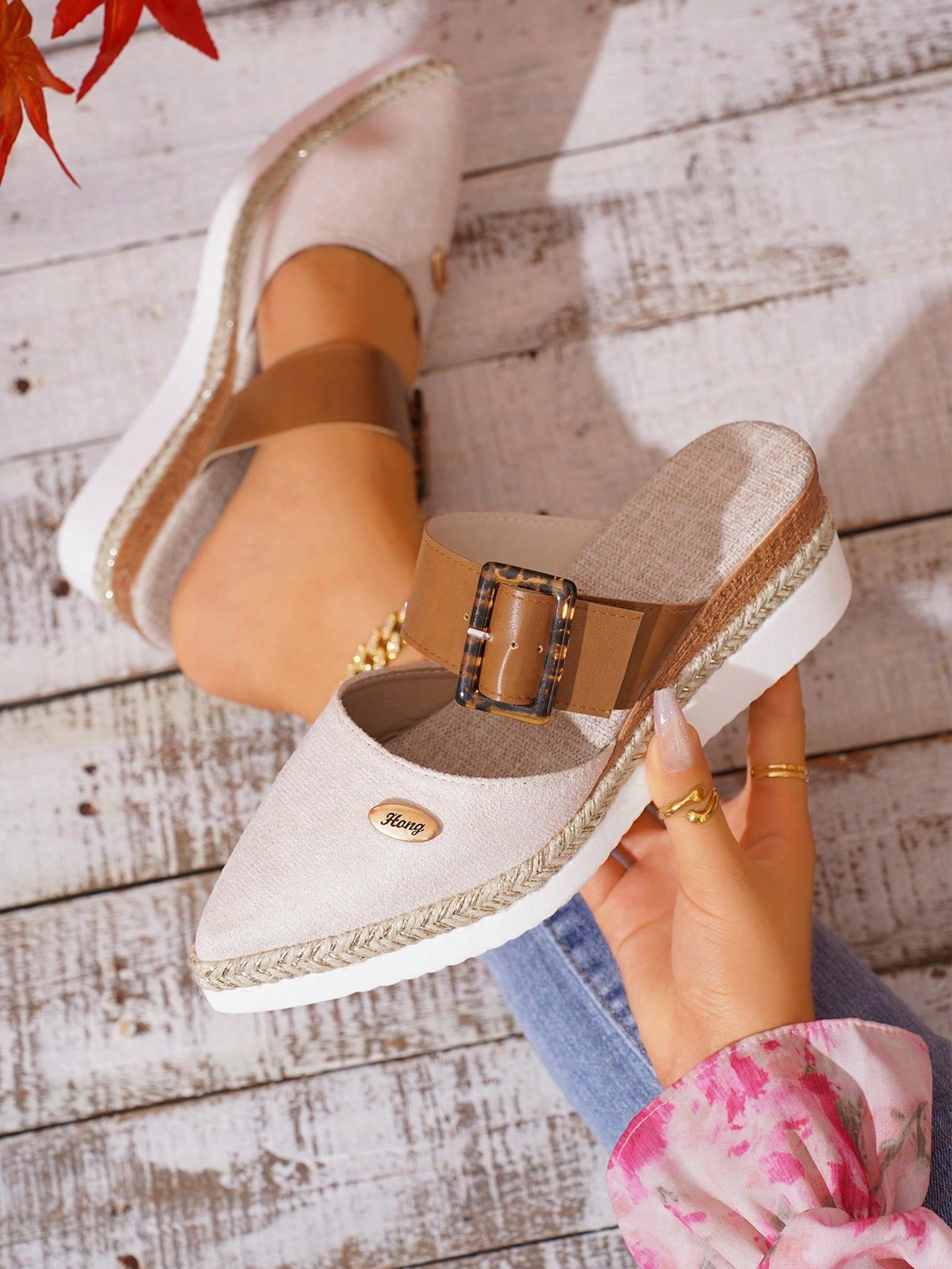 Women's Wedge & Platform Shoes, Orange High Heels With Stone Patterned Leather Surface, Woven Espadrilles And Thick Sole With One Buckle Strap, Pointed Toe Shallow Mouth Shoes, Plus Size; Beige High Heels With Stone Patterned Leather Surface, Woven Espadr