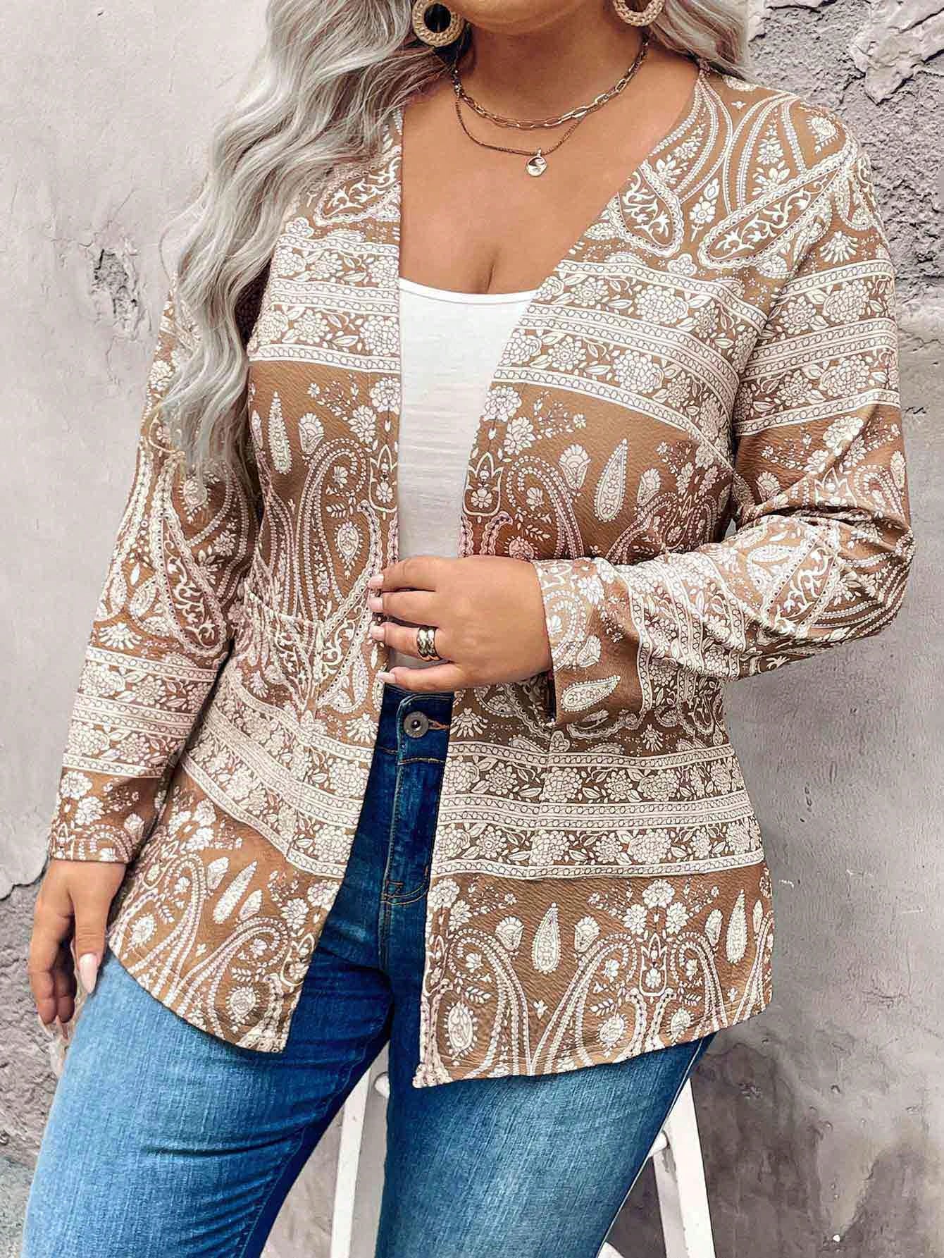 Plus Size Paisley Printed Open Front Casual Jacket