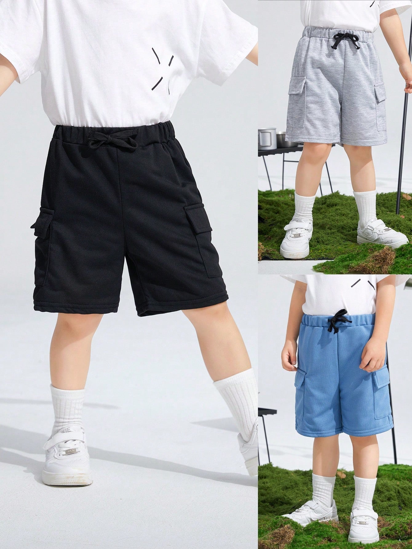 3pcs Young Boy Casual Solid Color Elastic Waist Drawstring Shorts With Pockets, Simple Style, Multiple Colors