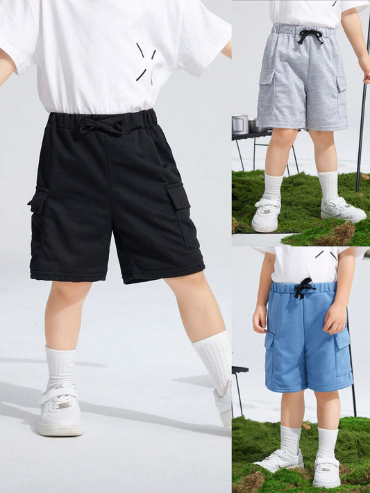 Young Boy 3pcs Casual Solid Color Shorts With Elastic Waistband, Drawstring And Pockets