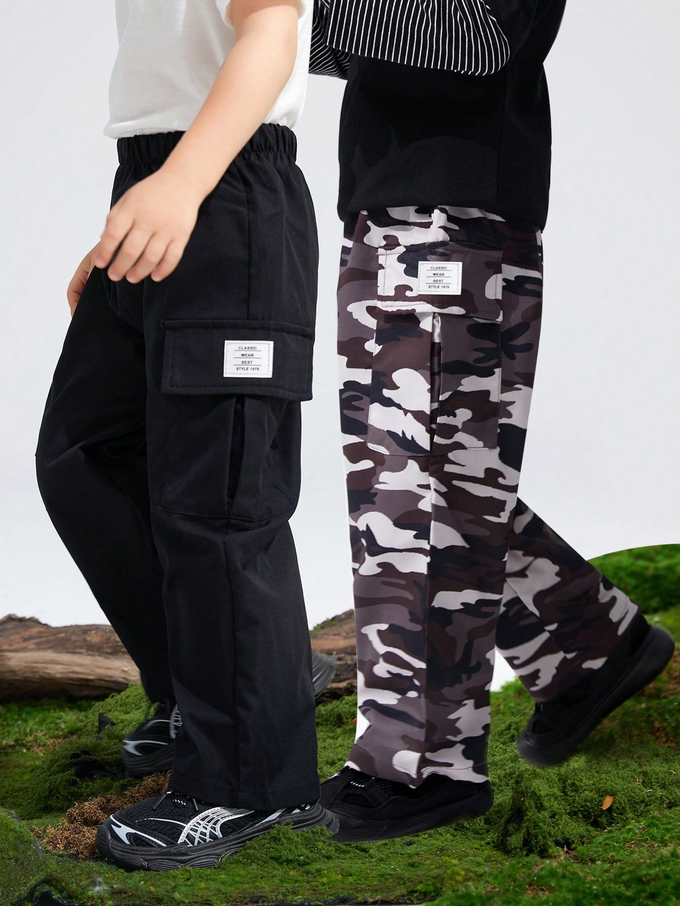 2pcs Young Boys' Casual Streetwear Academy Solid Color Camouflage Cargo Pocket Straight Pants, Multi-Pack