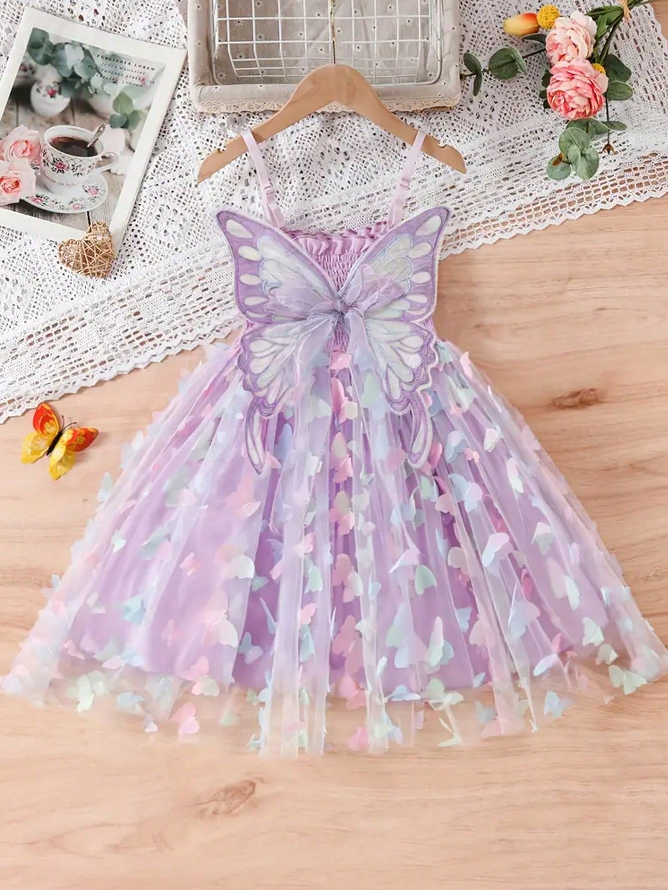 1pc Young Girl Gorgeous  Princess Dress With 3D Butterfly Decoration, Rainbow-Colored Straps, Perfect For Parties, Birthdays Or Summer Gifts