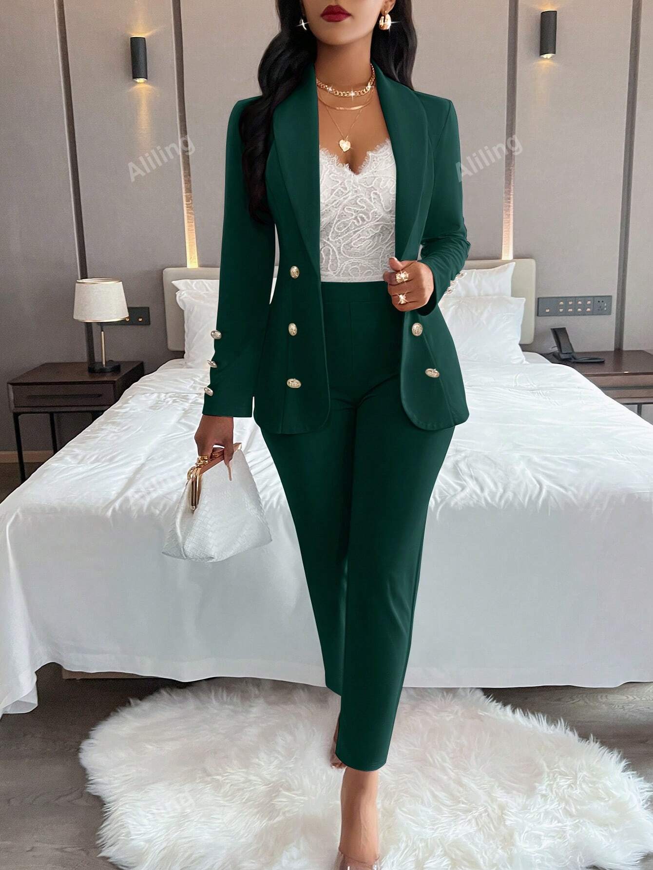 Women Solid Color Long Sleeve Elegant Double-Breasted Suit Set