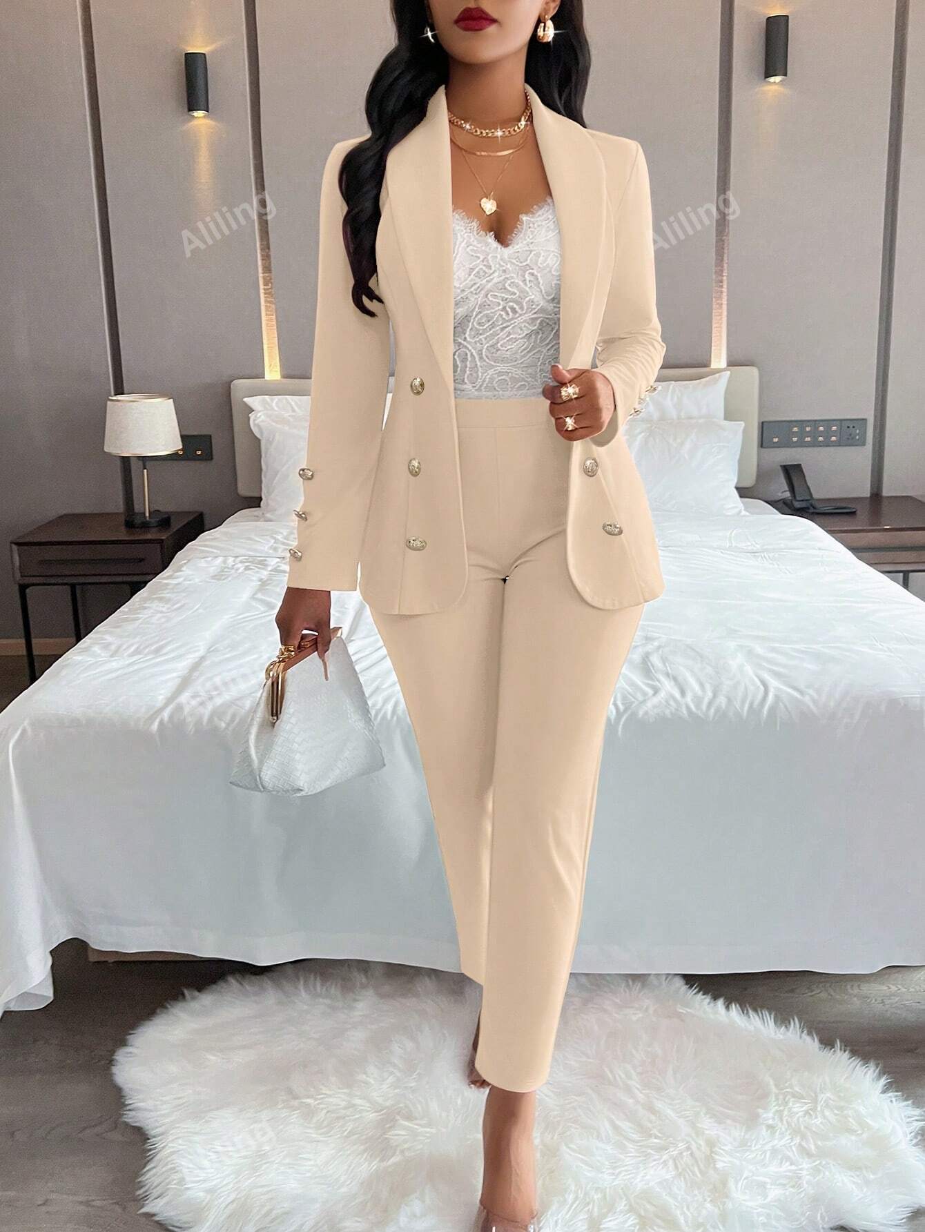 Ladies' Plain Simple Everyday Double-Breasted Long Sleeve Suit Jacket And Pants Suit Set