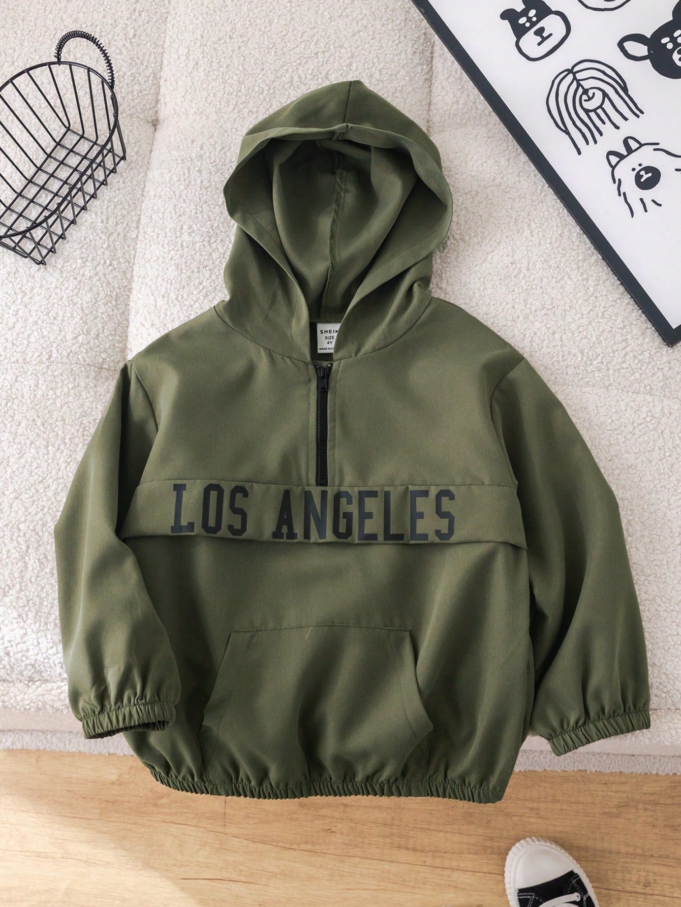 1pc Young Boys' Casual And Cute Green Lightweight Hooded Jacket With Half-Zip And English Letters Pattern, Suitable For Traveling And Going To School, Suitable For Autumn And Winter Seasons