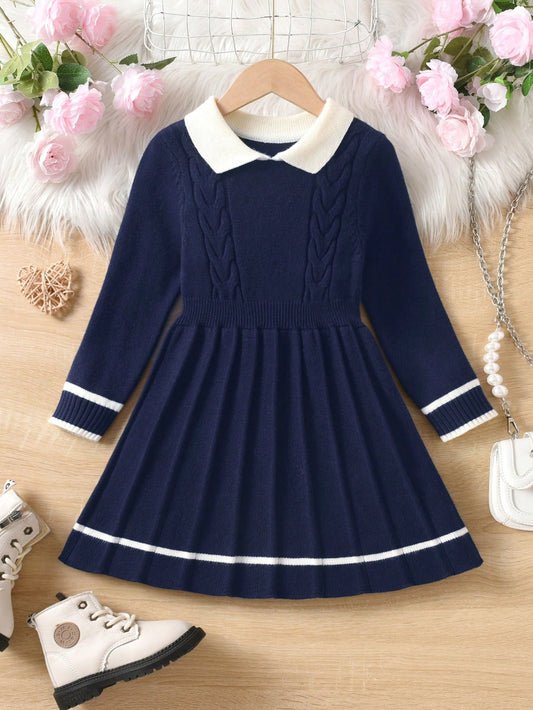 Girls Contrast Splicing Turndown Collar Long Sleeve Pleated Sweater Dress, Casual Everyday Wear