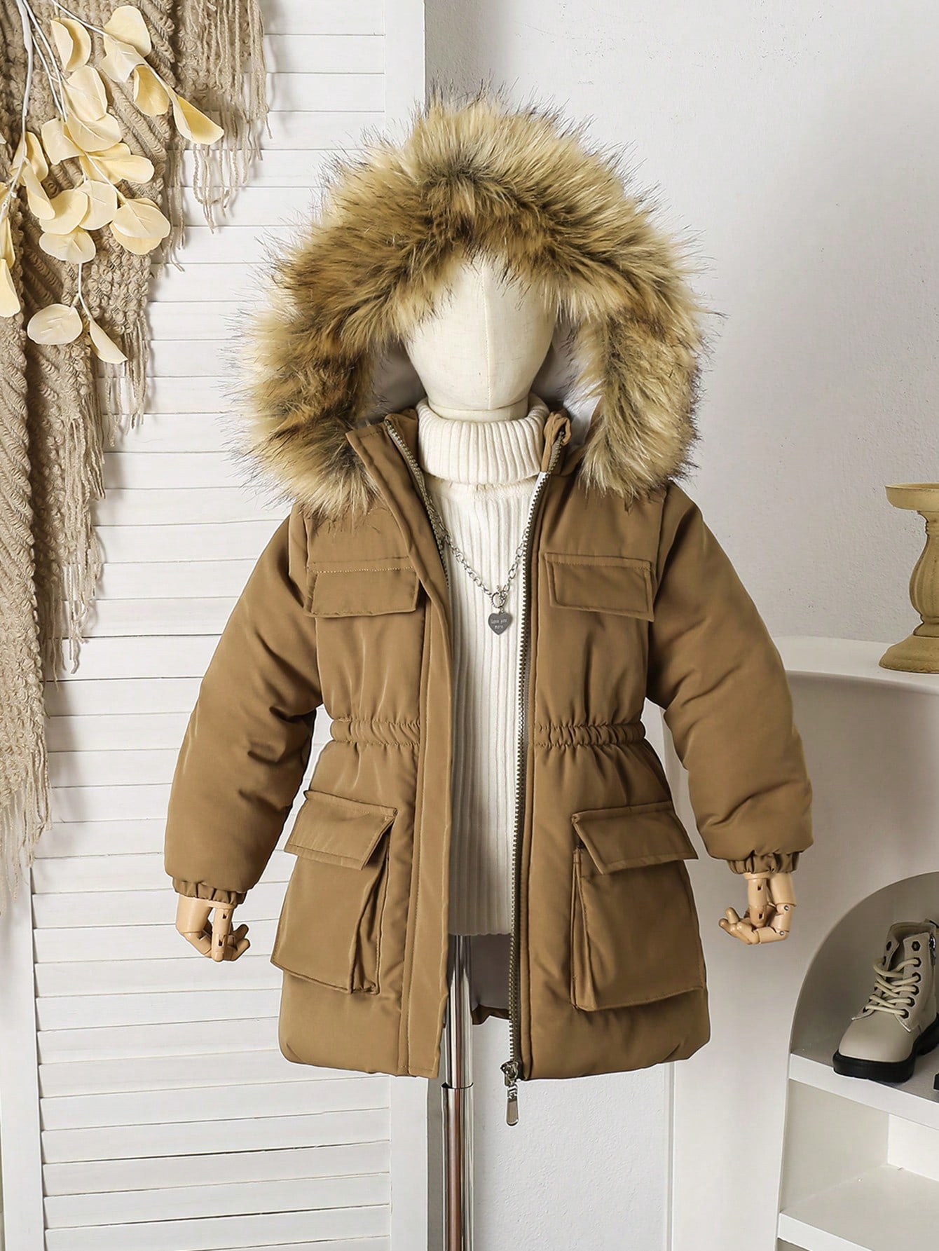 Young Girl Front Zipper Pocket Embroidered Furry Hooded Padded Coat