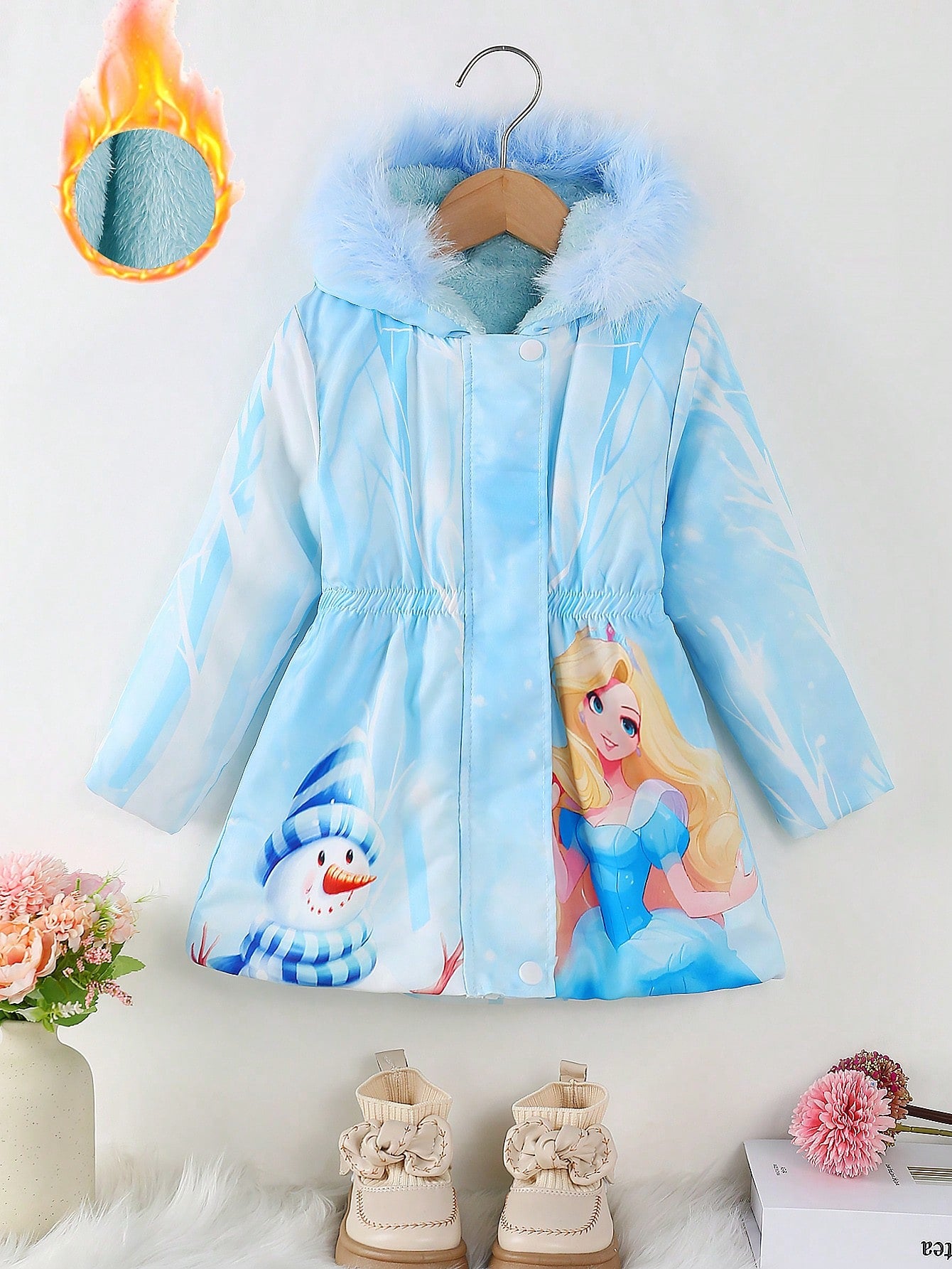 Young Girl Princess Style Hooded Long Sleeve Waist Fitted Mid-Length Fleece Lined Padded Windproof Padded Coat