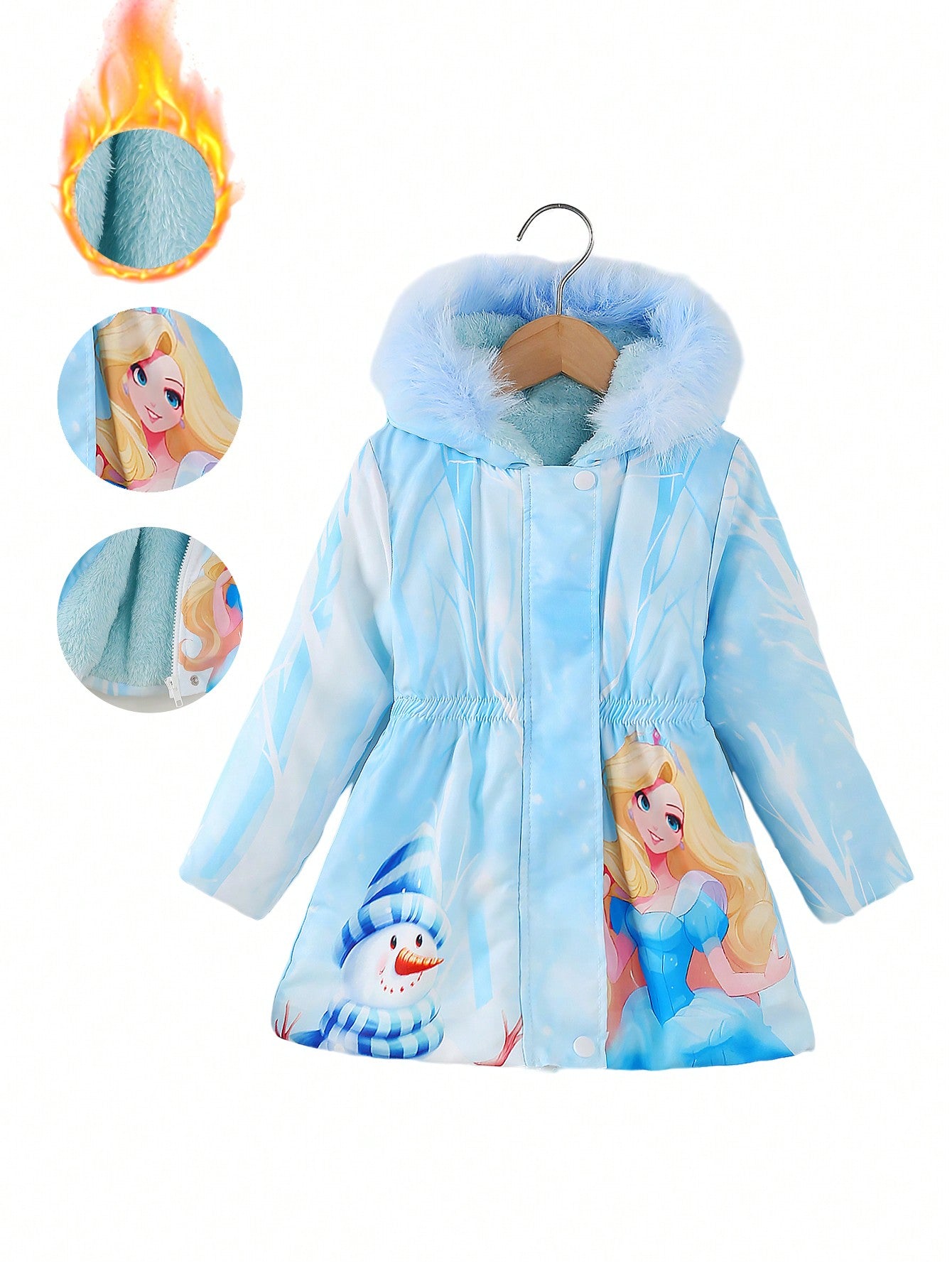 Young Girl Princess Style Hooded Long Sleeve Waist Fitted Mid-Length Fleece Lined Padded Windproof Padded Coat