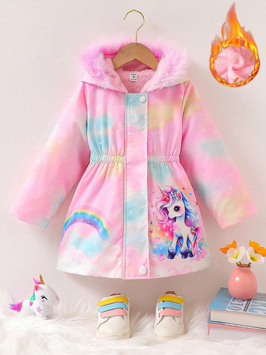 Kids Girls' Casual Cute Rainbow Unicorn Print Hooded Loose Fit Warm Fleece Lined Padded Winter Jacket