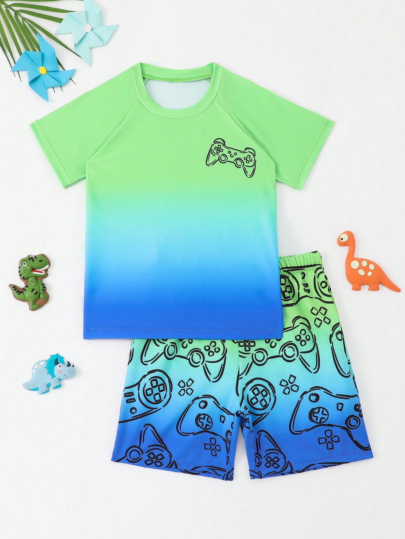 Young Boy Dinosaur Ombre Printed Round Neck Short Sleeve T-Shirt And Shorts Casual Swimsuit Set