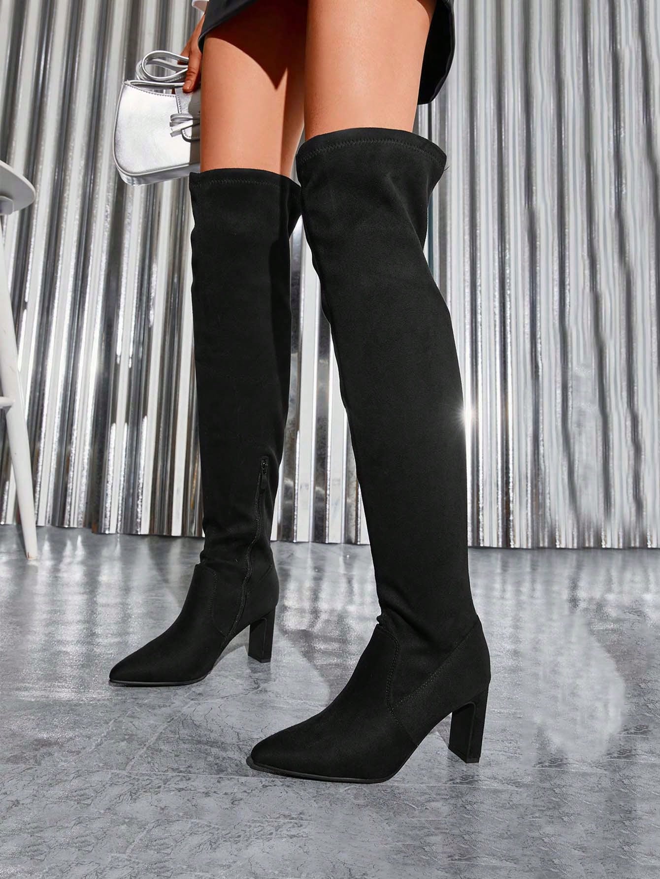 Women's Over The Knee Stretch Thigh High Boots Chunky High Heels Pointed Toe Long Fall Boots