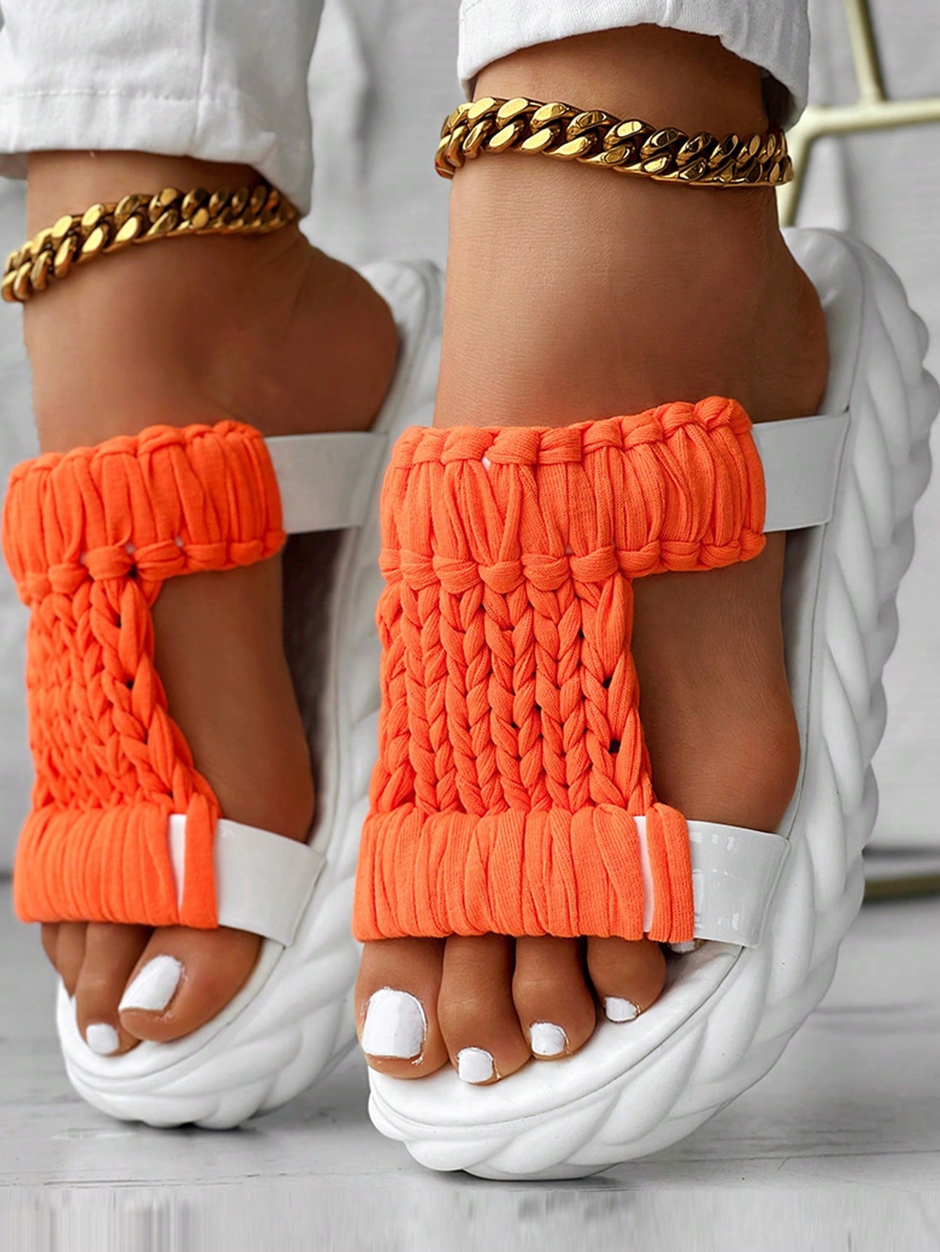 Women's Round-Toe Hollow Out Knitted Casual Slippers, Orange Sandals