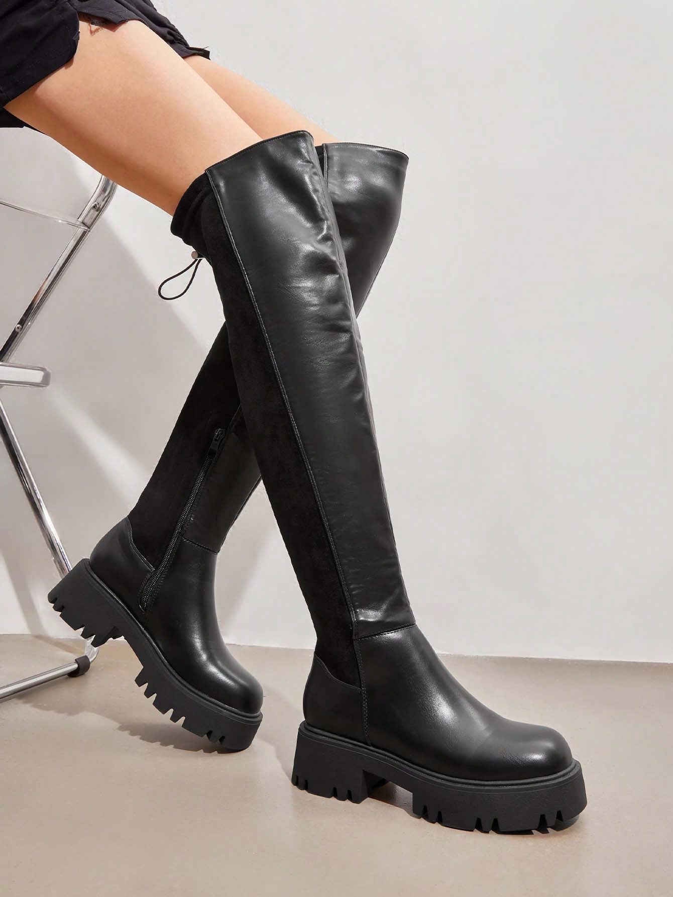 Women's Platform Over The Knee Boots Lug Sole Round Toe Thigh High Long Chunky Block Heels Fall Boot