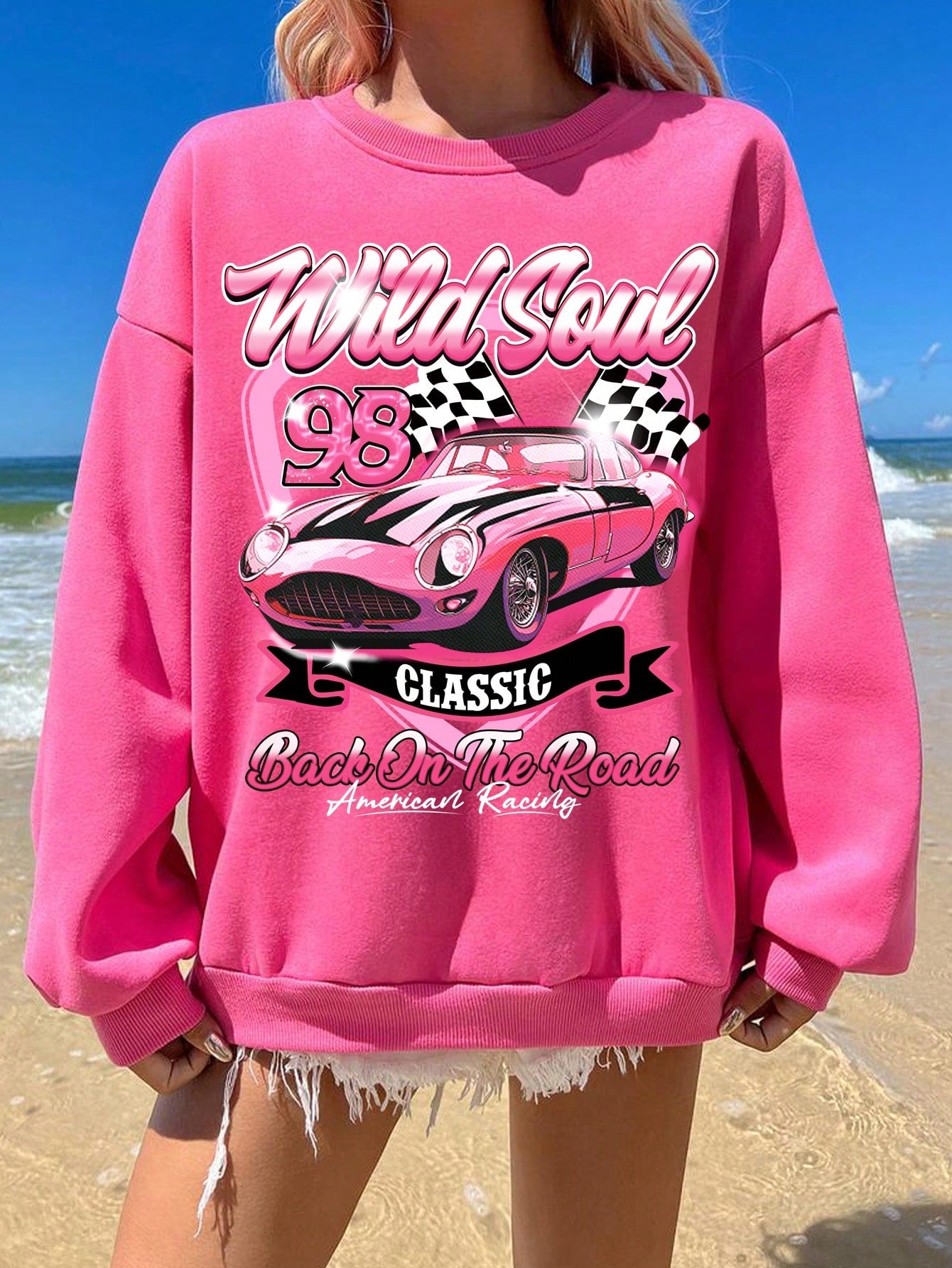 Leisure Car Logo Slogan Printed Wide Round Neck Drop-Shoulder Women's Oversized Sweatshirt Stay Wild ATLANTA 199 Racing EVE LOOK MACK STAY ALL WISHES COME TRUE 95 SUPERB SPEED ENERGY USA ENERGETIC MARVELLOUS NEVER GIVE UP