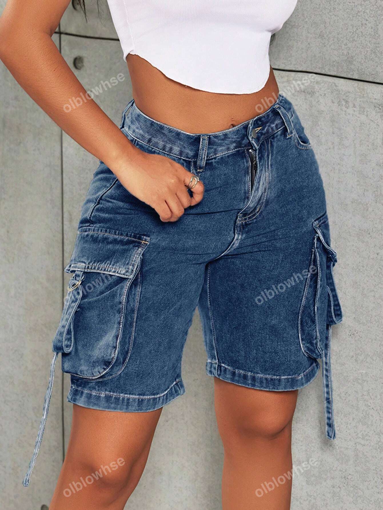 Y2K Street High Waist Flap Pocket Tape Detail Work Cargo Denim Bermuda Wide Leg Jean Shorts Summer Comfy Trendy Jorts