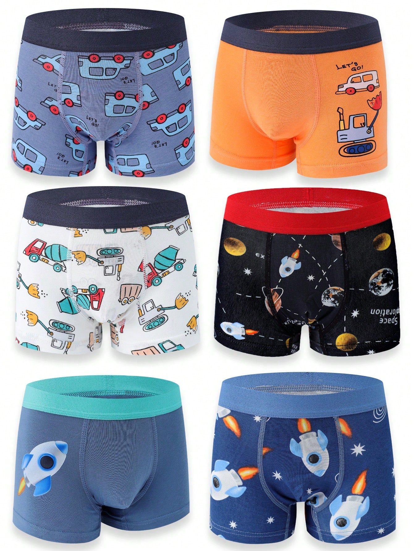 6pcs/Pack Toddler Boys Seamless 3D Cartoon Excavator, Rocket, Planet Print Comfortable Briefs, Autumn & Winter School Season