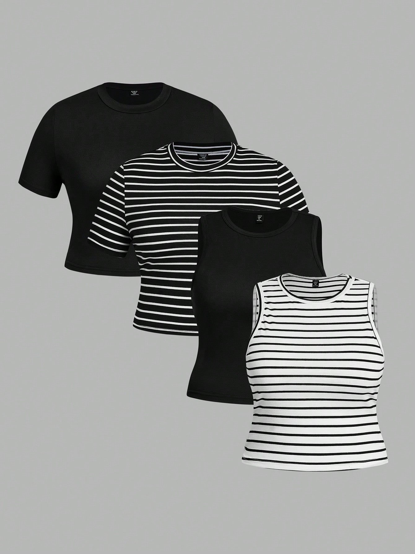 Plus Size 4pcs/Set Black & White Casual Women Tank Tops And Short Sleeve Tees, Slim Fit, Summer