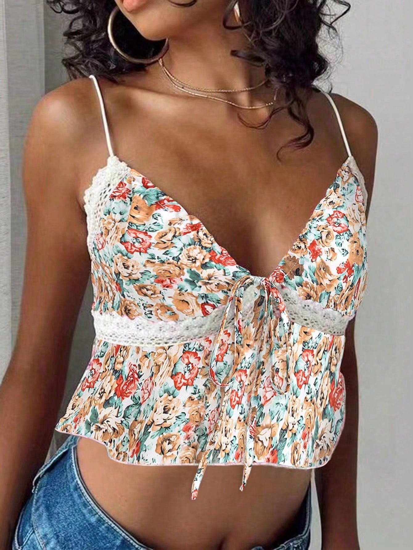 Women's Summer Ditsy Floral Tie Front Crop Top Camisole