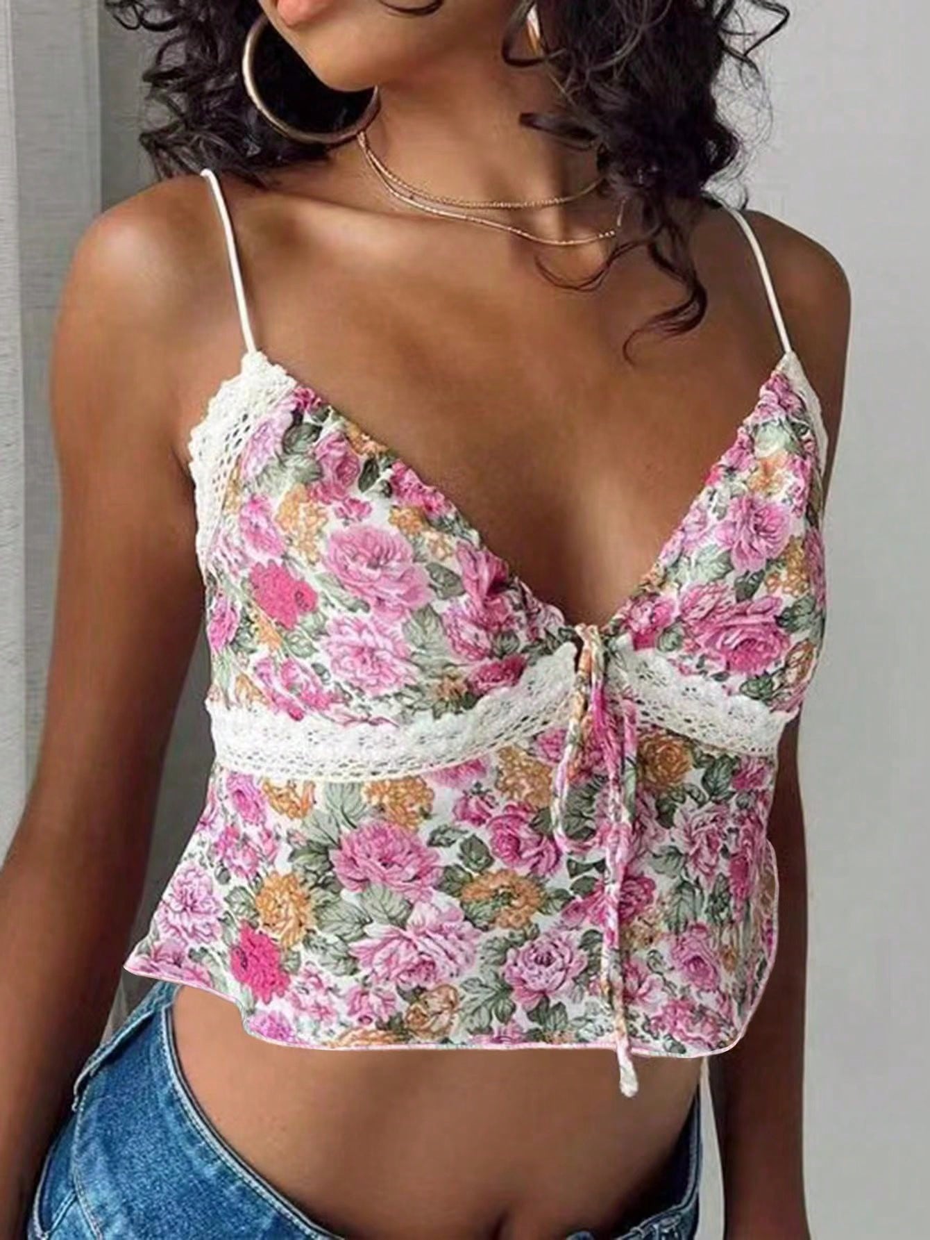 Women's Summer Ditsy Floral Tie Front Crop Top Camisole