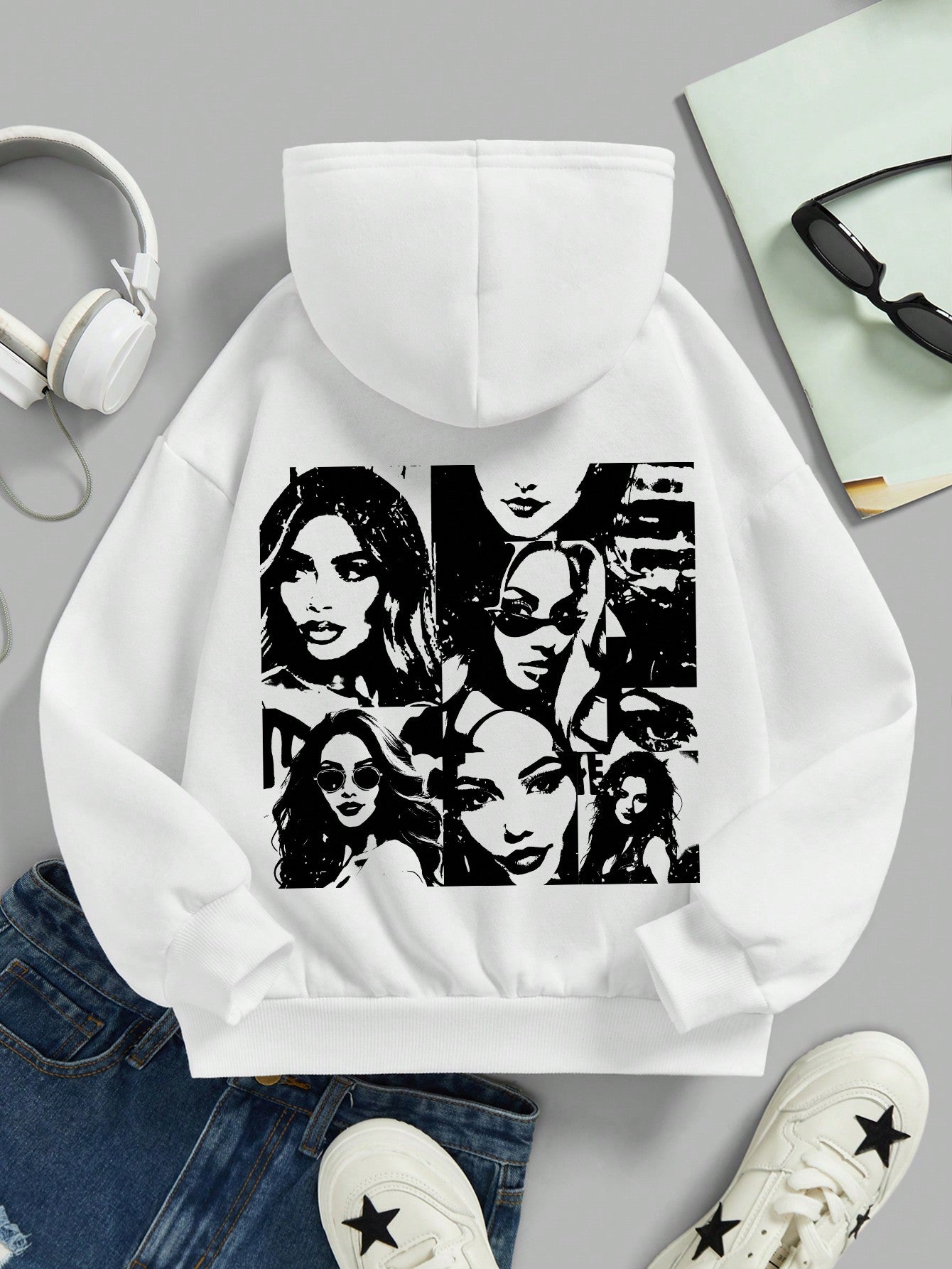 Tween Girl Casual Personality Race Car Printed White Long Sleeve Hooded Sweatshirt, Suitable For Fall/Winter, Back To School Outfits