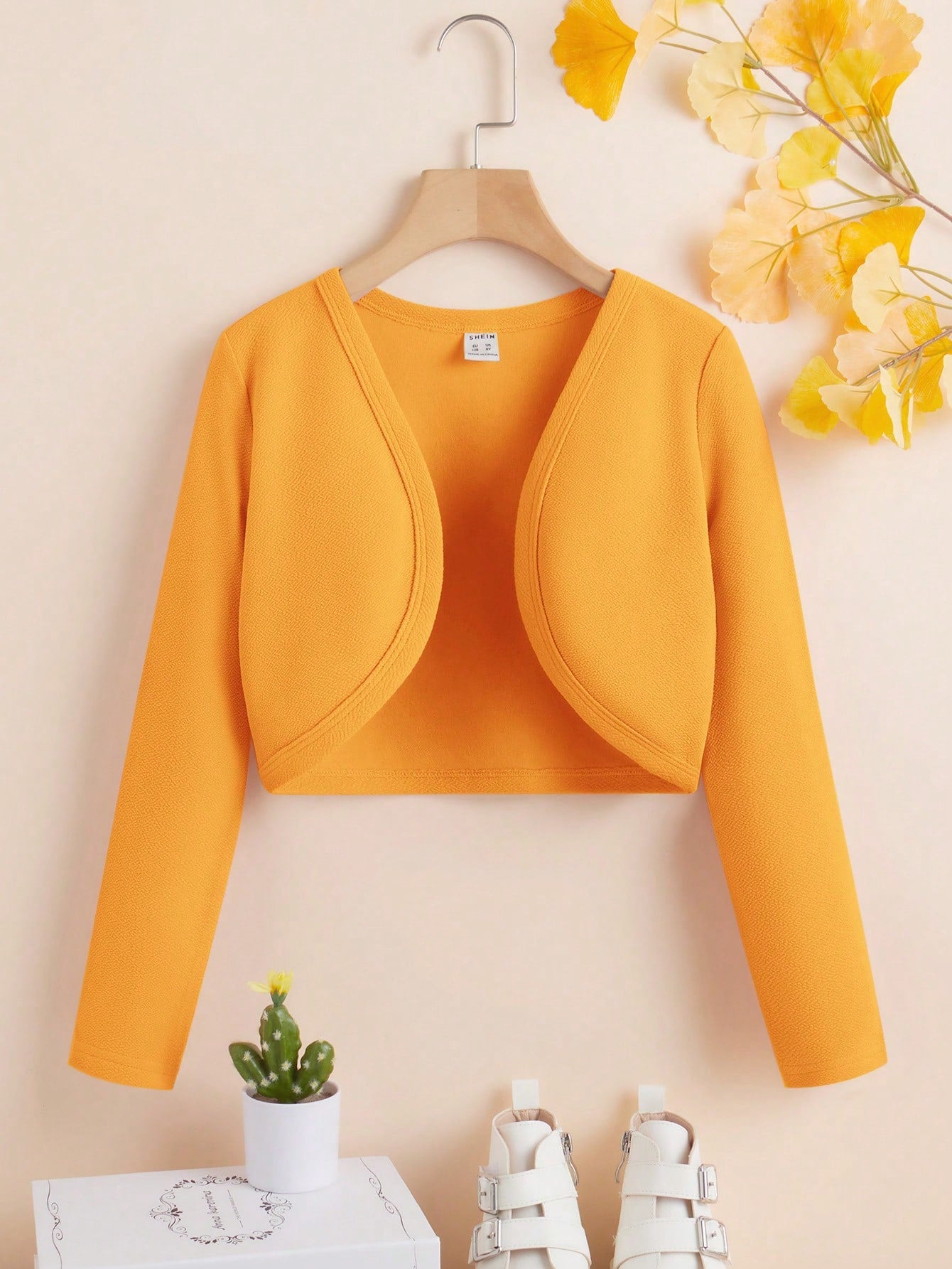 Tween Girl Solid Color Casual Cropped Long Sleeve Jacket With Lapel Collar, Spring And Autumn