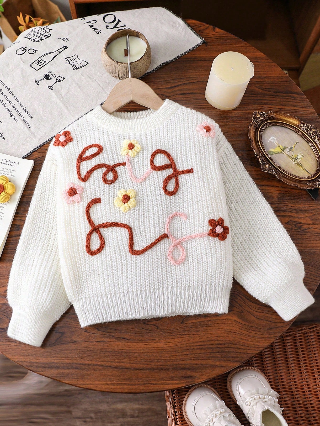 Young Girls Embroidered "Big Sis" Floral  Textured Lantern Sleeve Crew Neck Sweater