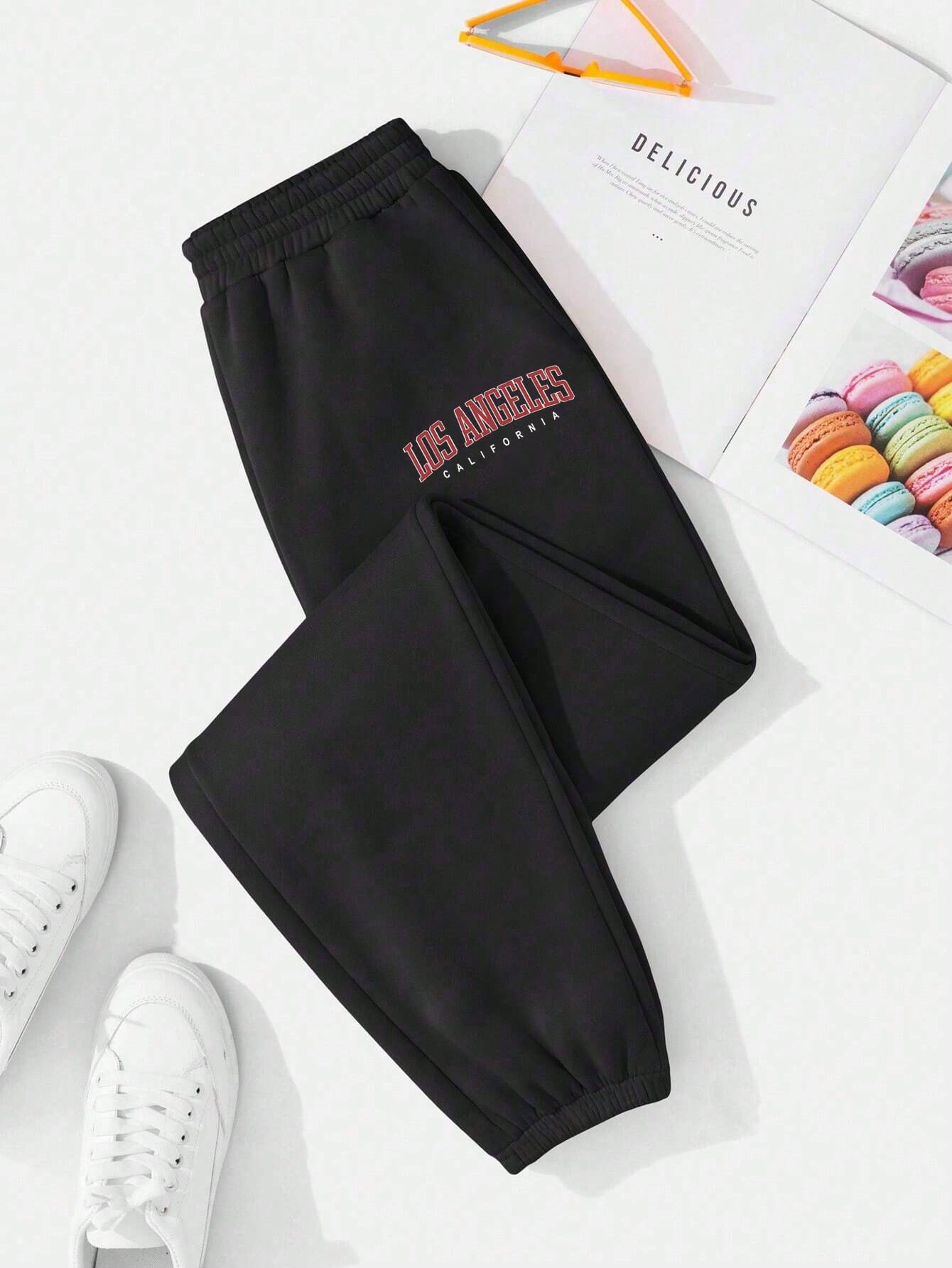 Los Angeles Letters Printed Women's Casual Sports Plus Size Cuffed Sweatpants Black