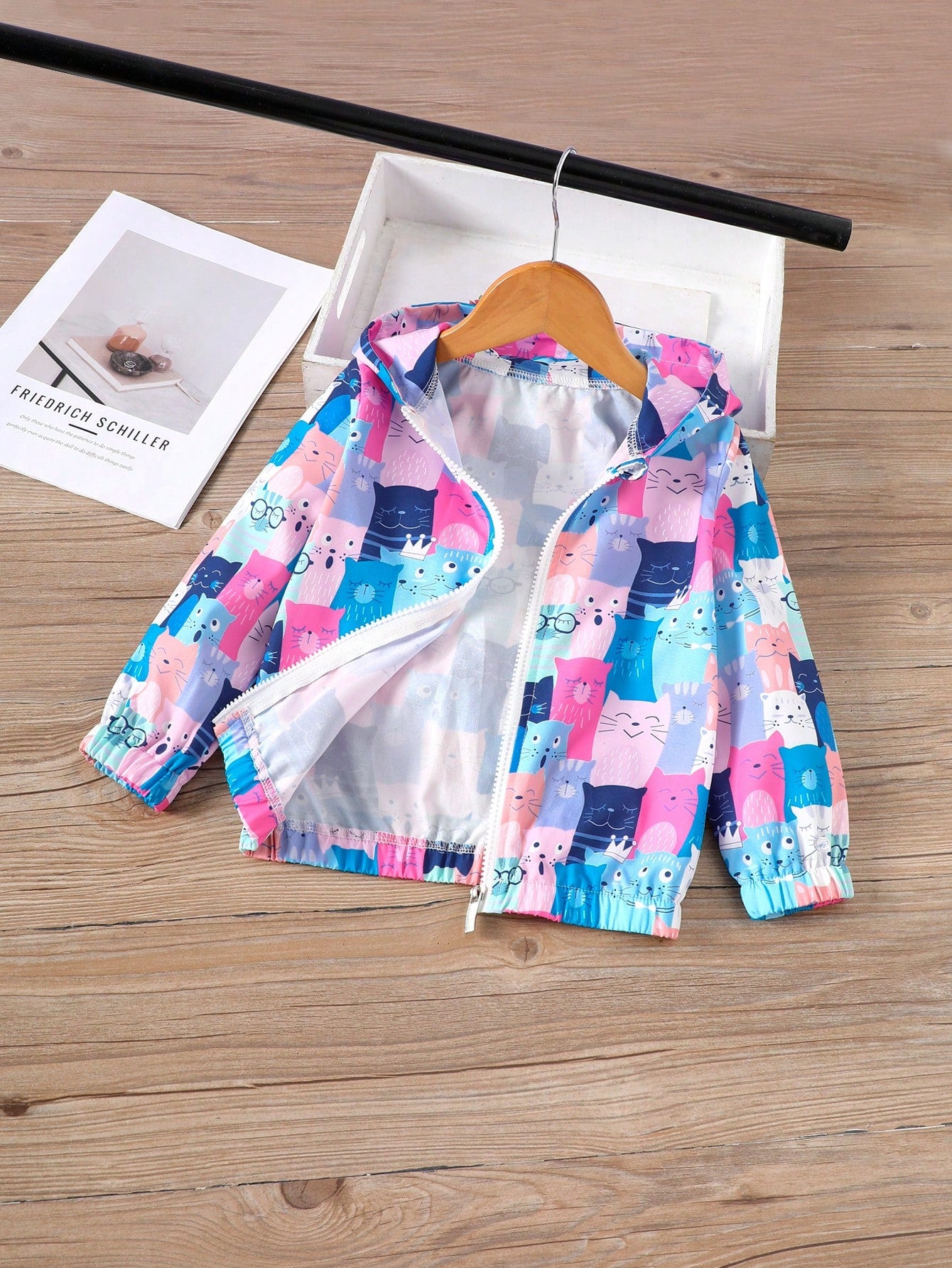 Young Girl Patchwork Print Zip Up Hooded Jacket