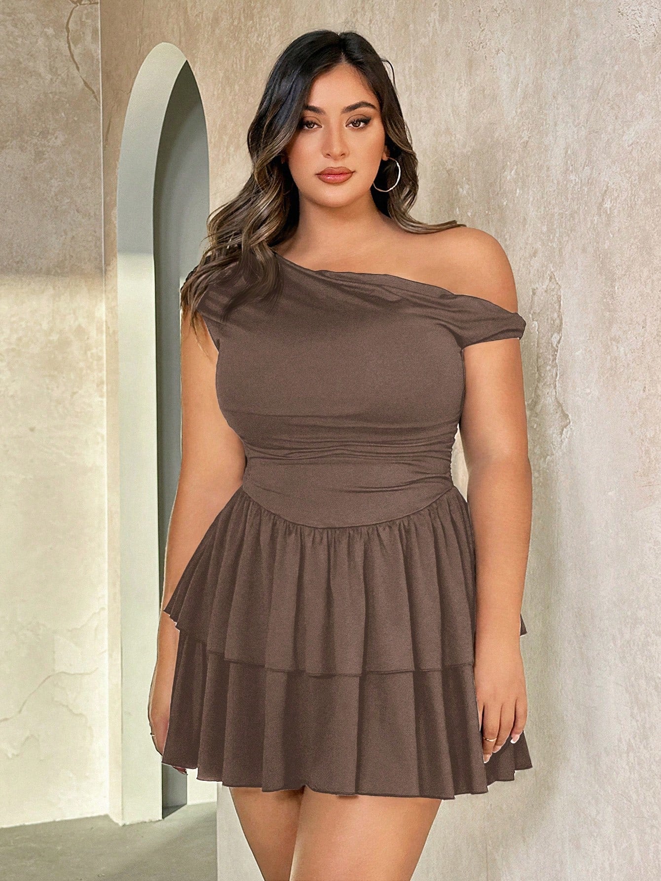 Plus Size Summer Black Asymmetrical Slope Neck Pleated Knit Pleated Mini Dress Suitable For Holiday Date Outfit