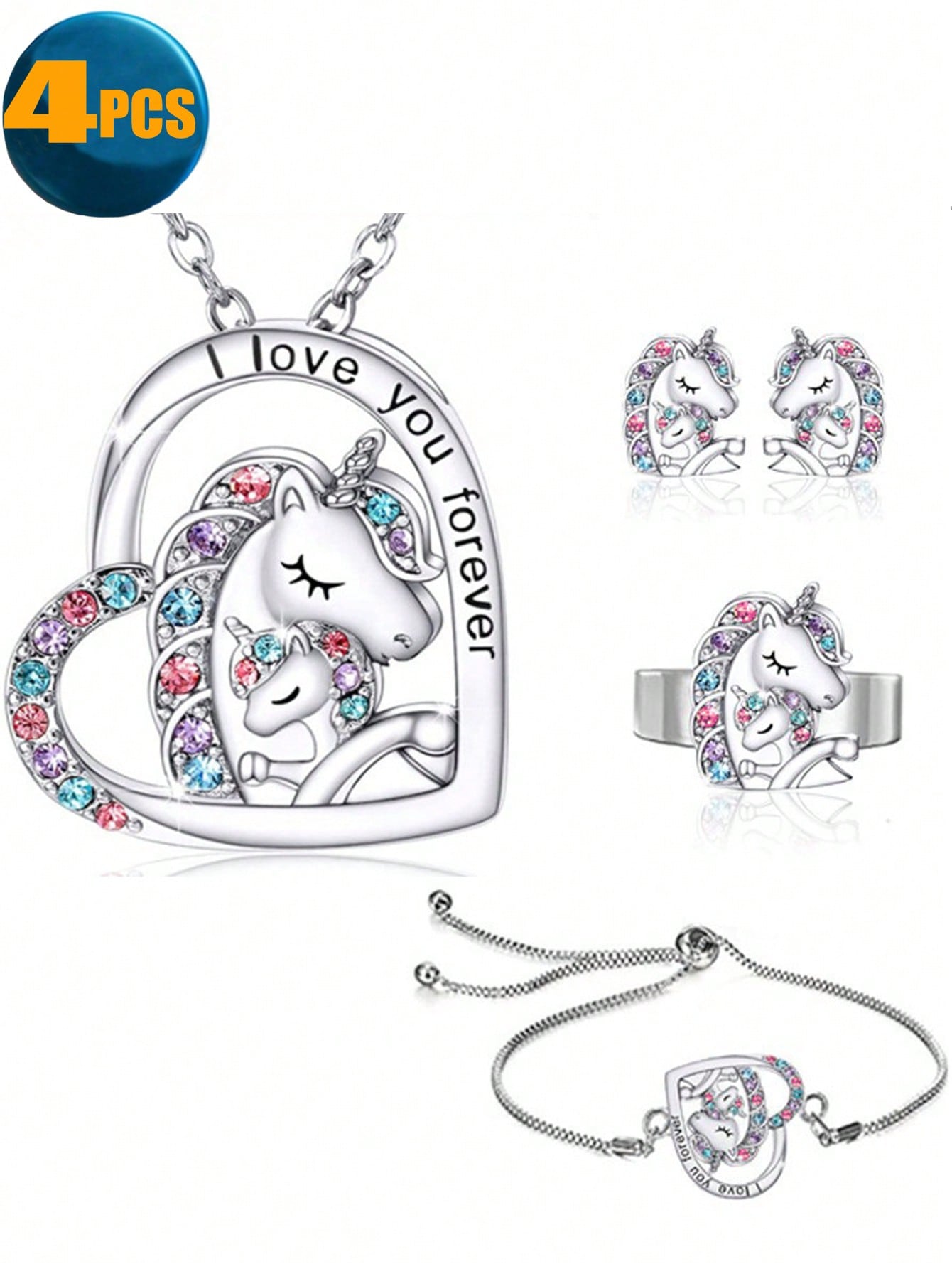 4pcs Unicorn Jewelry Gift Set For Girls, Includes Unicorn Necklace, Bracelet, Earrings And Ring, Birthday Gift For Daughter, Granddaughter, Niece - CZ Gemstone Heart-Shaped Pendant Necklace Engraved 'You're Magical'