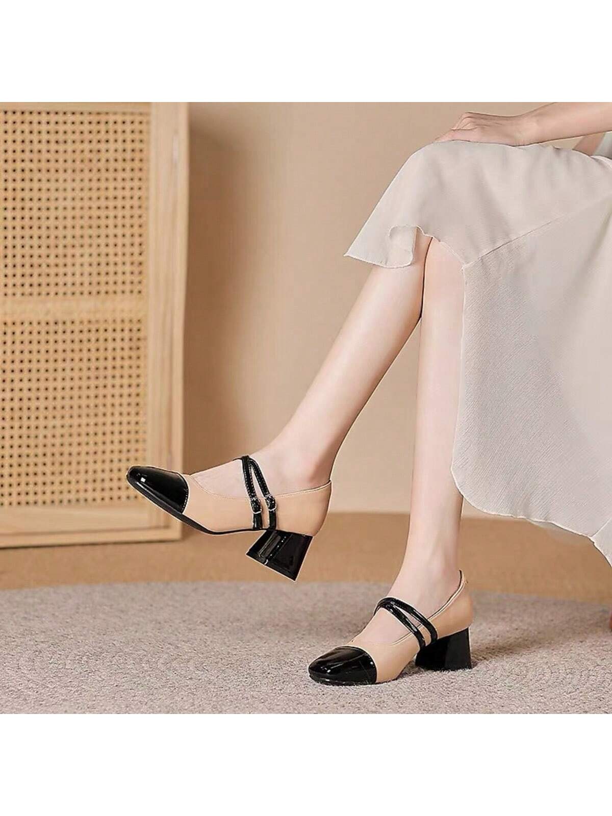 Fashionable Color Block, Cross Strap, Chunky Heel, Square Toe, Elegant Ladies High Heel Shoes