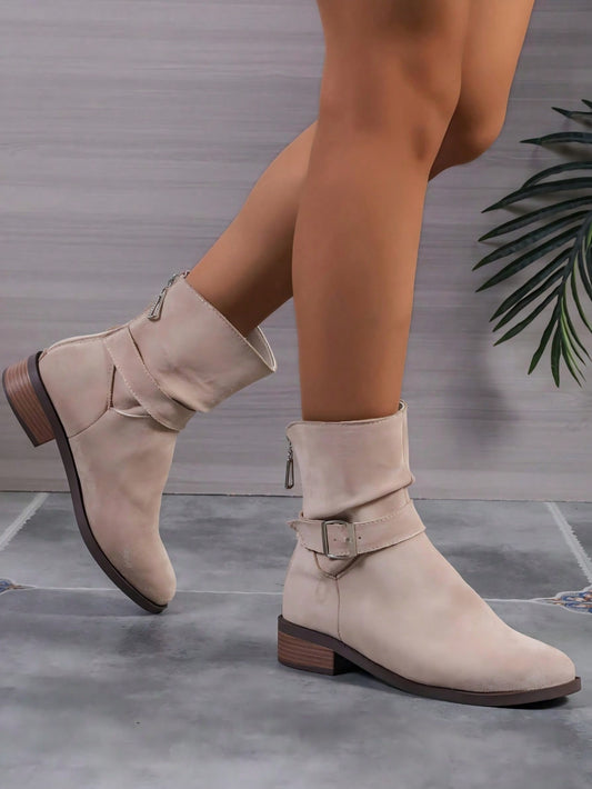 2024 Fall Winter New Vintage Mid-Calf Pointed Toe Chunky Heel Women Short Boots, Unique Design Fashion Solid Color Mid-Calf Boots