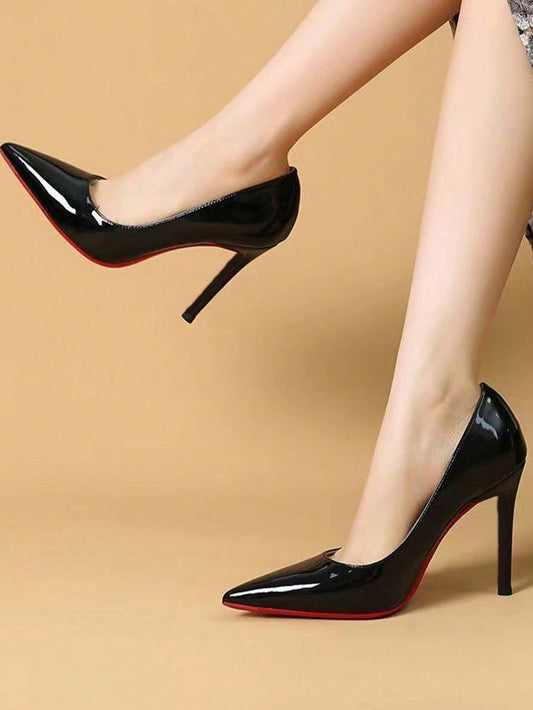 2024 New Spring/Summer Patent Leather Black High Heel Shoes For Women, 9cm Stiletto Heel, Pointed Toe, Professional & Sexy, Red Bottom, Shoes For Women