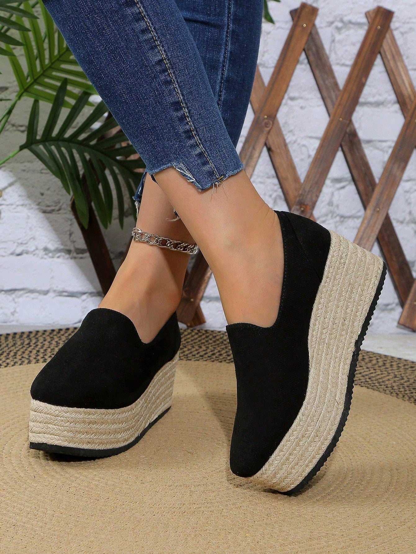 Women's Wedge High Heel Round Toe Slip-On Loafers, Thick Sole Waterproof Platform Casual Outdoor Linen Rope Sole Suede Shoes, Sizes 35-43, Spring/Autumn