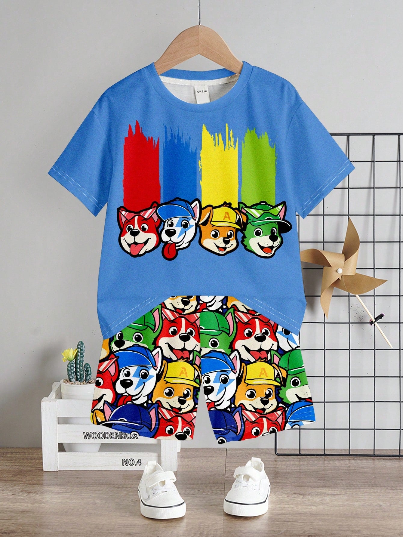 Young Boy Casual Cartoon Animal Puppy Pattern Round Neck Short Sleeve T-Shirt And Shorts Set, Suitable For Summer