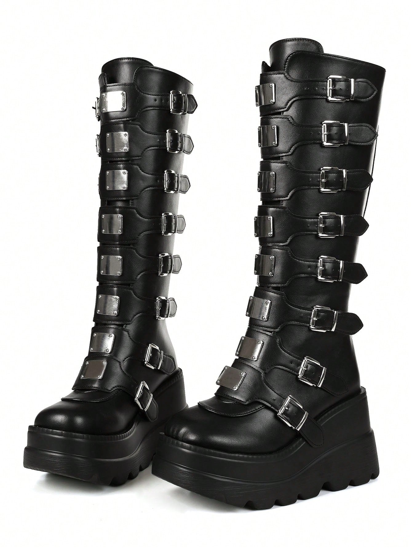 Women's Goth Cosplay Punk Boots Fashion Metal Buckle Wedges High Heels Shoes Ladies Round Toe Platform Knee High Boots