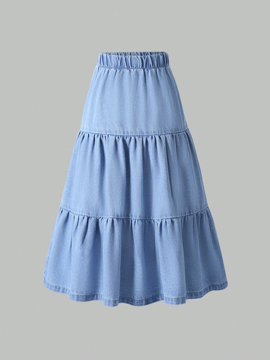 Girls' Simple Minimalist Mid-Wash Blue Denim Casual Skirt, Versatile All-Season