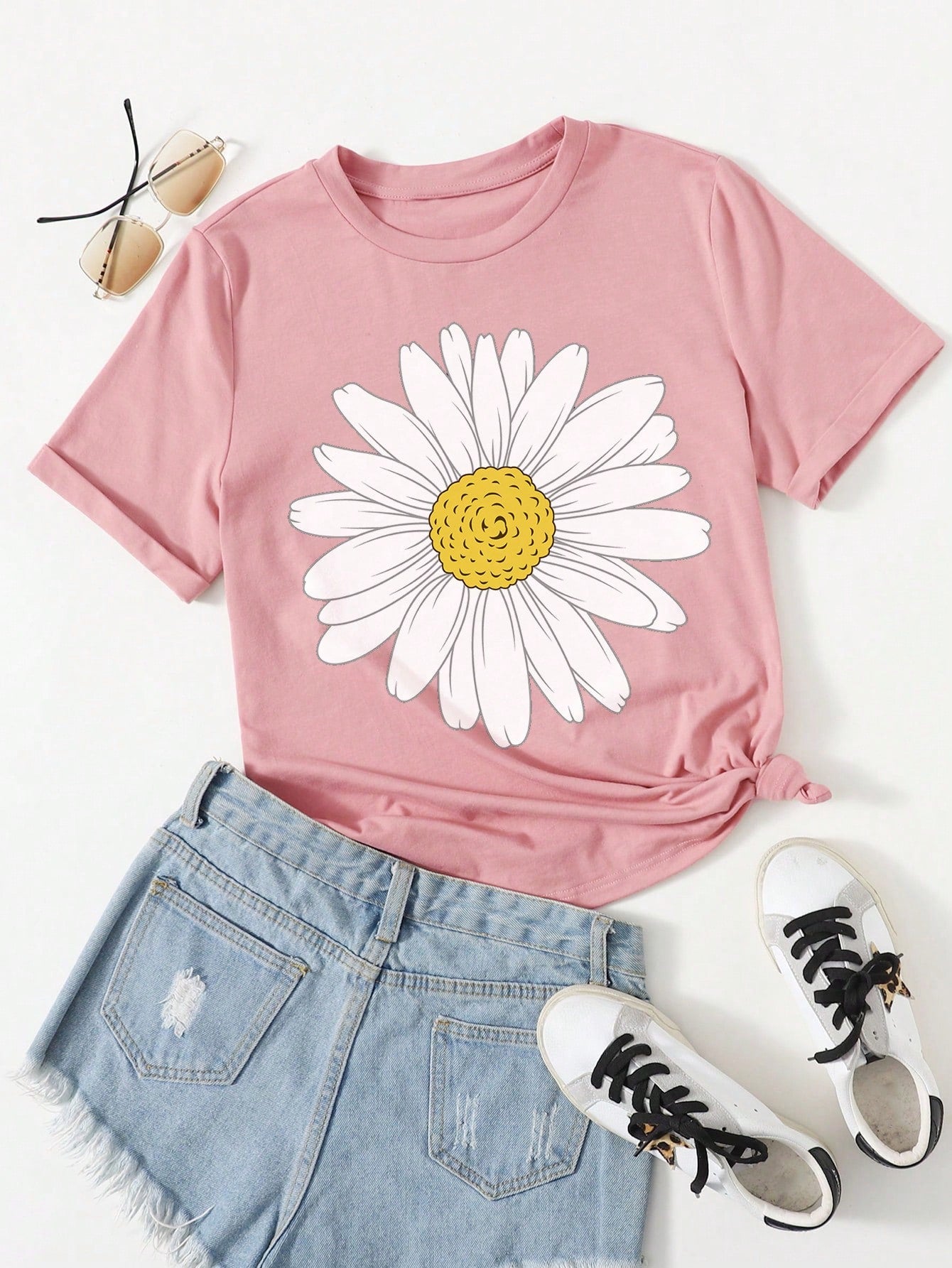 Tween Girl Daisy Pressed Wildflowers T-Shirt, Boho Style Floral Print Short Sleeve Tee, Summer