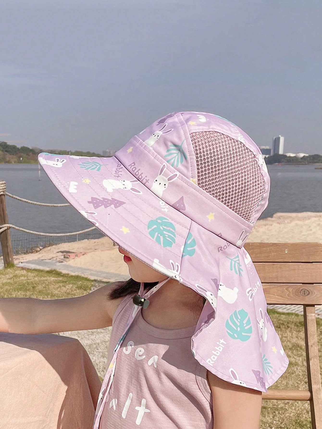 1pc Kids Anti-UV Shawl Hat With Detachable Whistle, Adjustable Drawcord, Purple Maple Leaf & Rabbit Cartoon Design, Suitable For Boys And Girls, Outdoor Sports, Beach