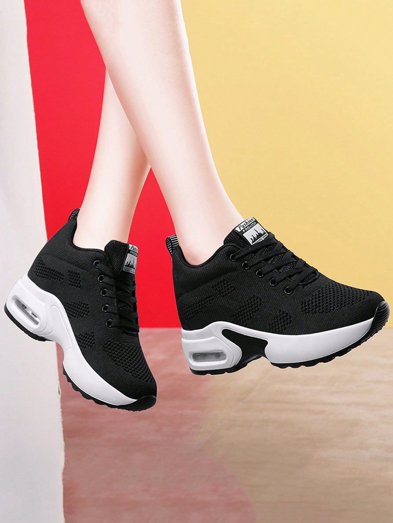 Women's Flying Woven Walking Shoes With Hidden Heel, Fashion Breathable Air Cushion Athletic Sneakers, Low-Top Outdoor Mesh Sneakers