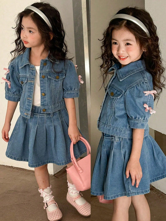 Young Girl Casual Cute Color-Block Short Sleeve Button-Up Top With Bow Detail And Pleated Denim Skirt Set