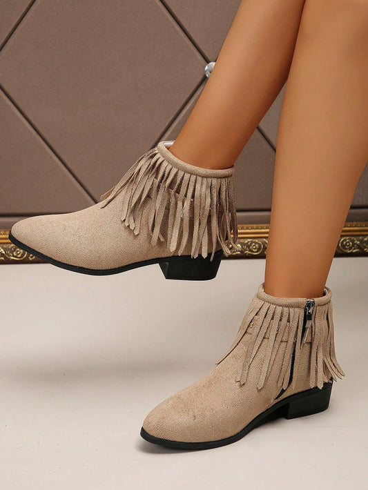 Oversize EU36-43 Spring/Autumn New Fashion Suede Pointed Toe Fringe Decor Metal Buckle Side Zipper Daily Wear Low Heel Ankle Boots For Women