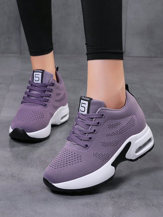 Women's Flying Woven Walking Shoes With Hidden Heel, Fashion Breathable Air Cushion Athletic Sneakers, Low-Top Outdoor Mesh Sneakers