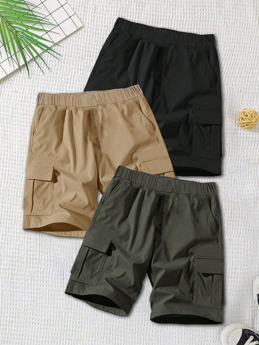 3pcs/Set Tween Boy Loose Fit Multi-Pocket Sporty Casual Cargo Shorts For Outdoor Spring Summer