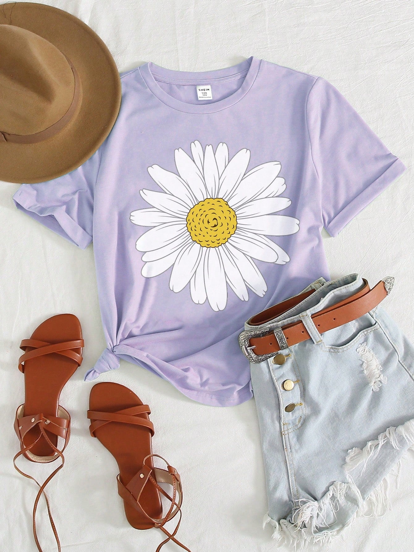 Tween Girl Daisy Pressed Wildflowers T-Shirt, Boho Style Floral Print Short Sleeve Tee, Summer